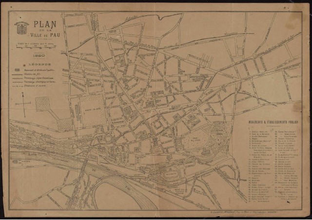 Contexte : CDA. Cartes et plans de format supérieur à 24 x 30 cm > Plans généraux de Pau Plan de la ville de Pau, 1920. – Impr. Lescher Moutoué. Pau — 24 Fi 9 — 1 — Ark ID : ark:/30783/r344z4xvlvwpgk/f1